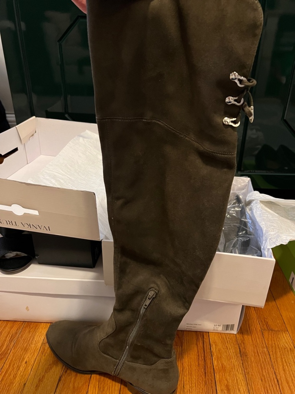 Ivanka Trump Over-the-Knee Suede Boots in Olive Brown